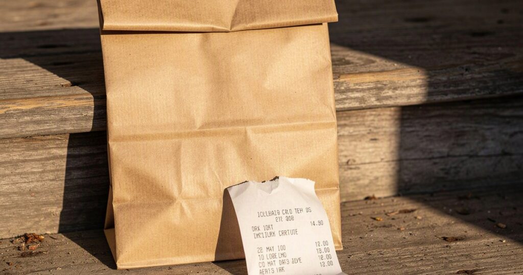 An insulated delivery bag sits on a porch step in a quiet residential neighborhood in warm afternoon light.