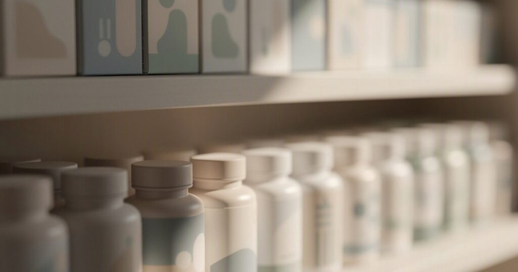 A quiet suburban pharmacy storefront with large windows and potted plants, bathed in warm late-afternoon light.